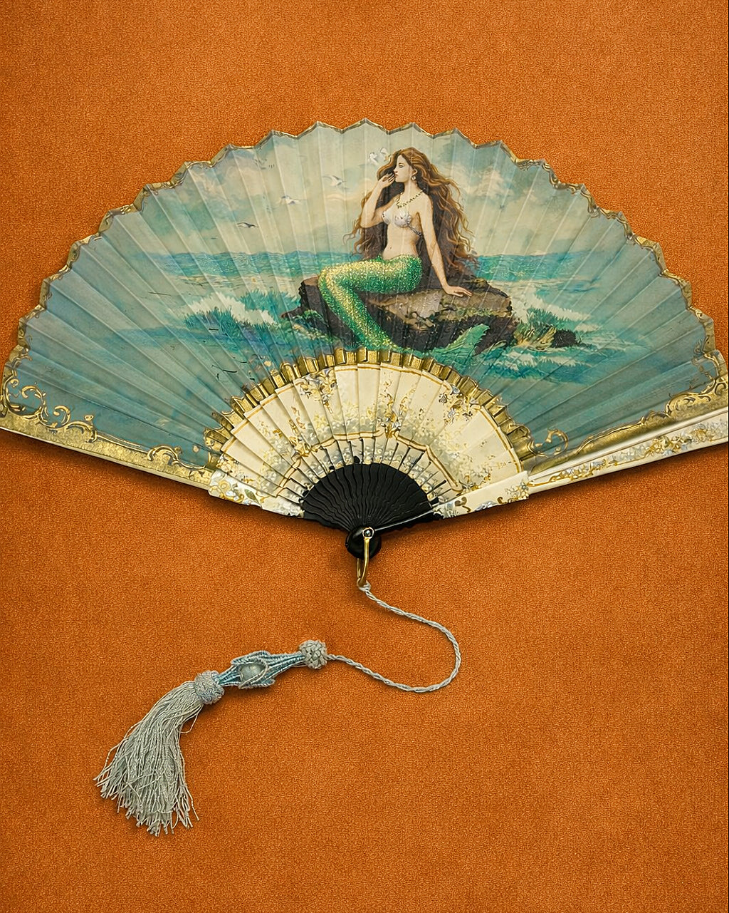 Antique Hand-Painted Mermaid Folding Fan