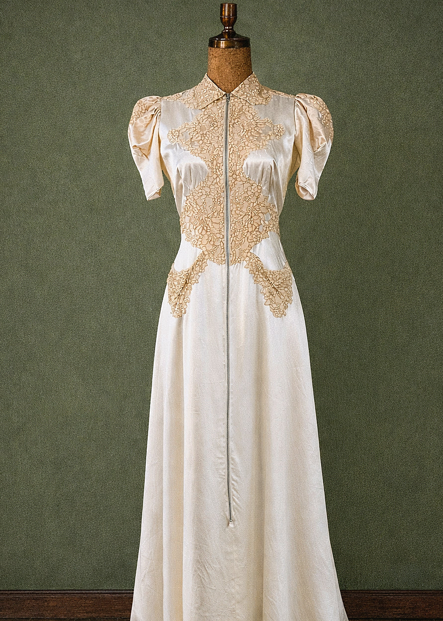 1930s Ivory Silk Satin Lace Appliqué Gown