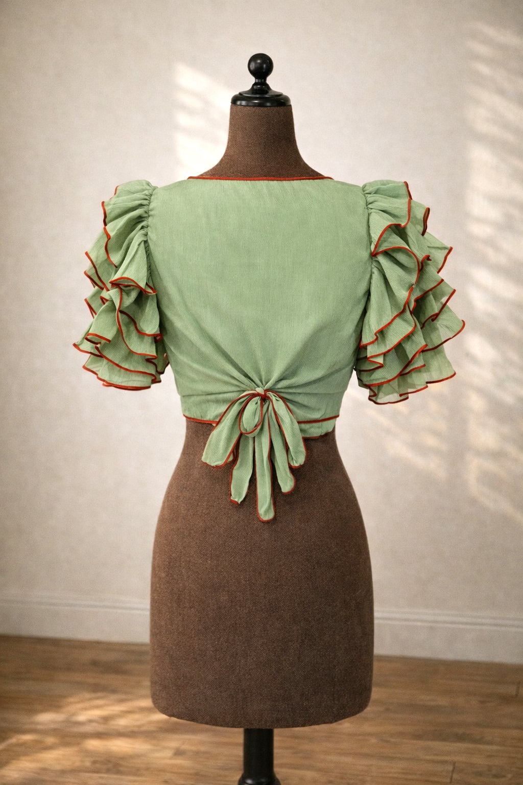 Vintage Sage Green Ruffled Tie-Front Blouse