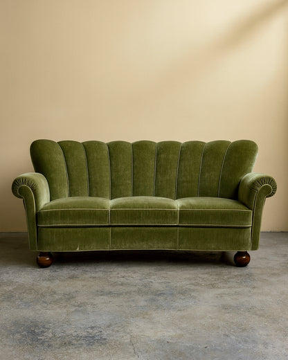 1930s Sweden Wood and Green Velvet Sofa