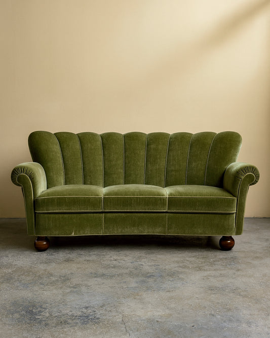 1930s Sweden Wood and Green Velvet Sofa