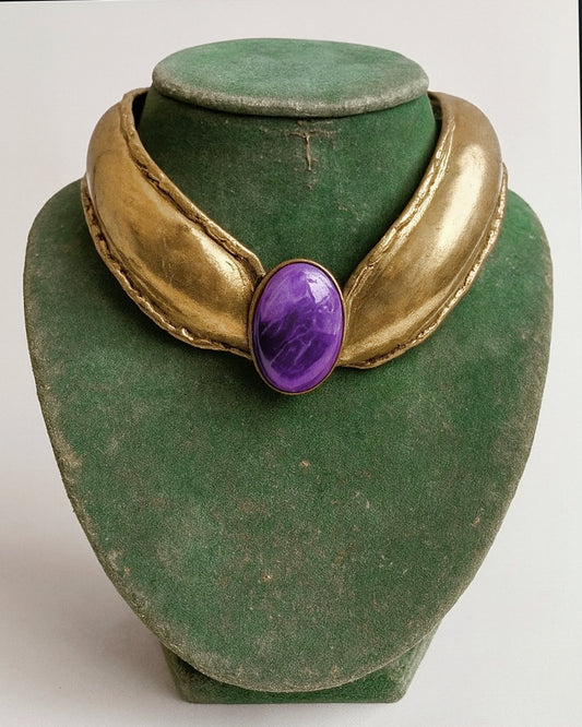 Vintage Aged Brass Glass Cabochon Collar Necklace