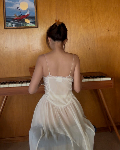 Vintage French Ivoiry Hand Embroidery Chiffon Dress