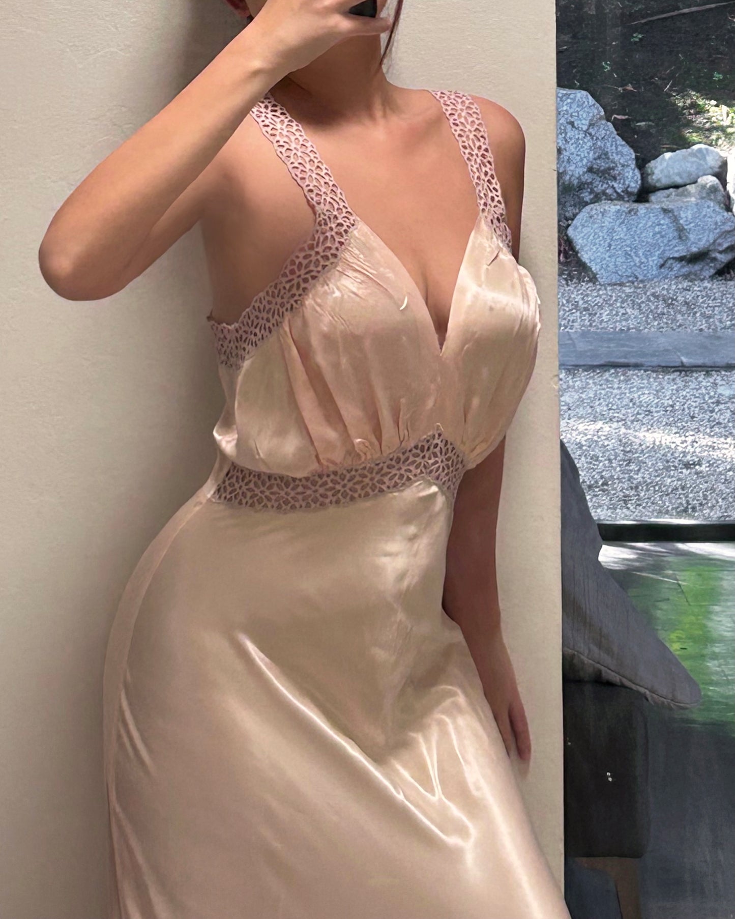 Vintage 1940s Blush Rayon Eyelet Lace Dress