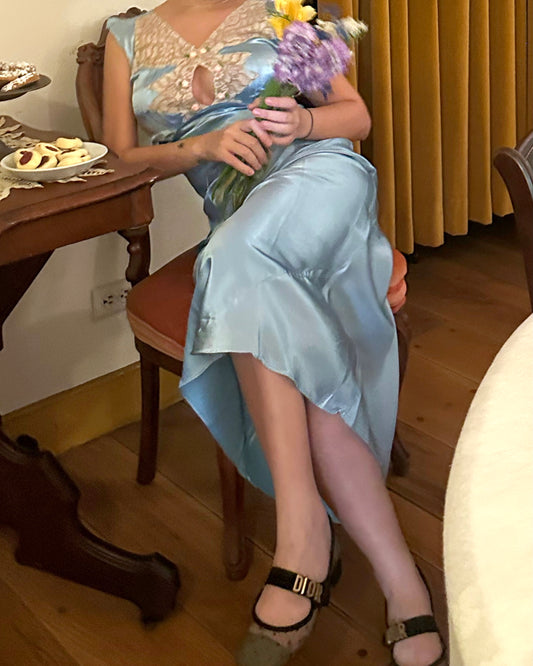 1930s Blue Silk Lace Dress