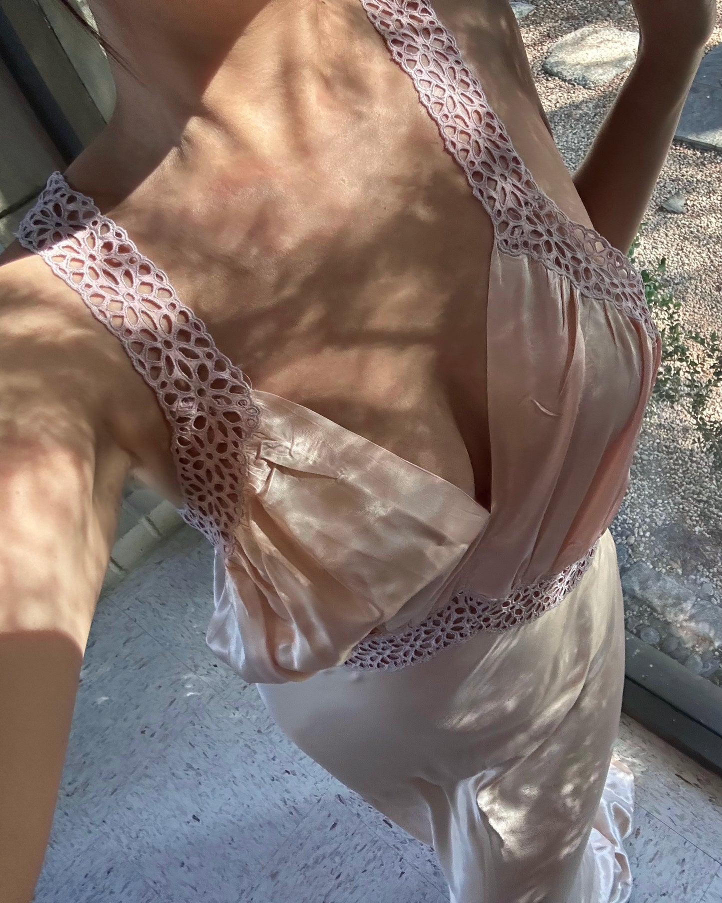 Vintage 1940s Blush Rayon Eyelet Lace Dress