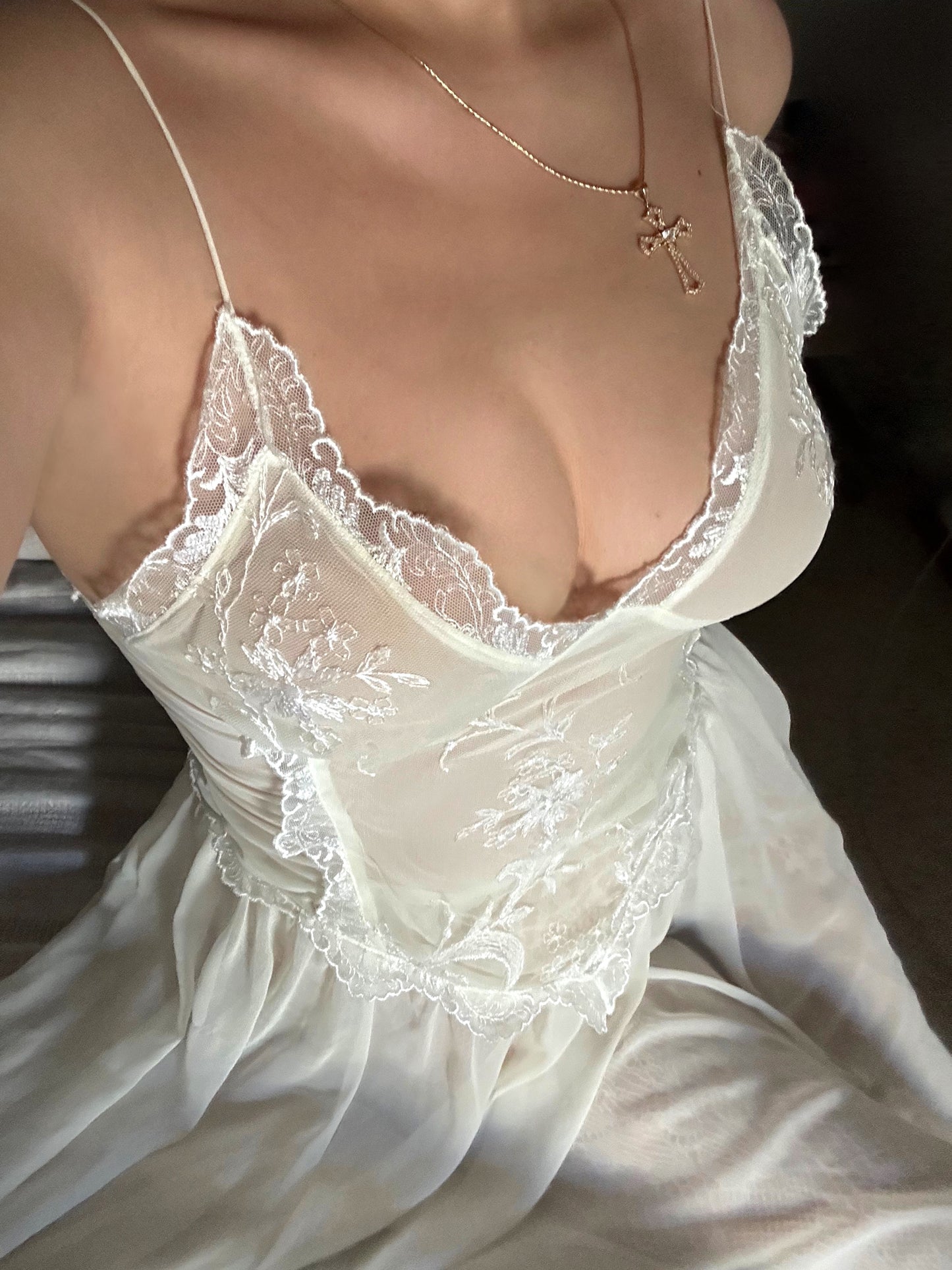 Vintage French Ivoiry Hand Embroidery Chiffon Dress