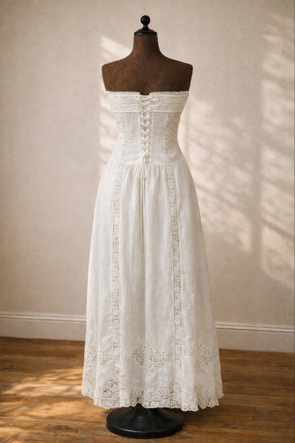 Antique Edwardian White Lace Strapless Dress