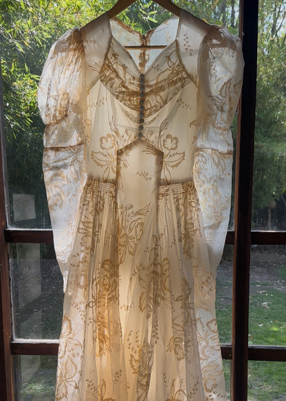1920s Rare Lily Of The Valley and Peony Organza Wedding Dress