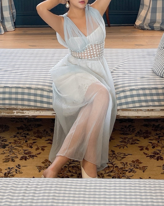 Vintage 1950s Powder Blue Honeycomb Smocked Tulle Dress