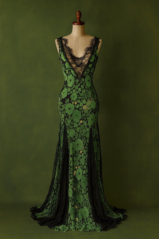 1930s Green Lace Muslin Evening Gown