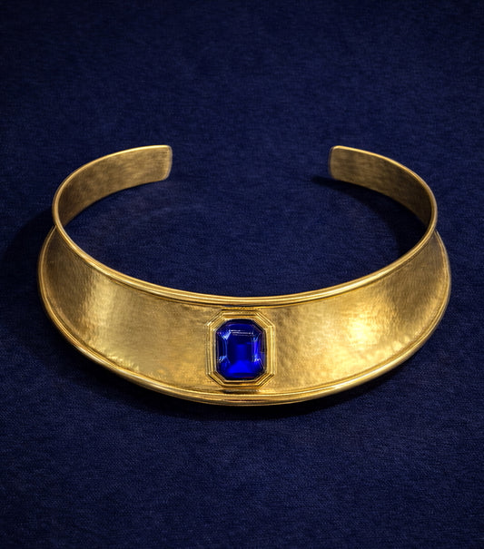 Vintage Gold Tone Wide Collar Choker With Blue Stone