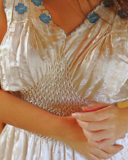 Vintage 1930s Silk Jacquard With Blue Floral Emrboidery Dress