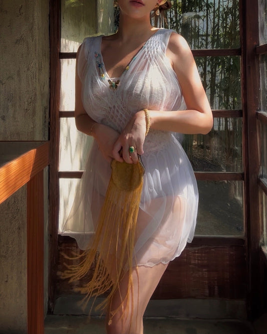 Vintage Floral Embroidered Sheer Dress