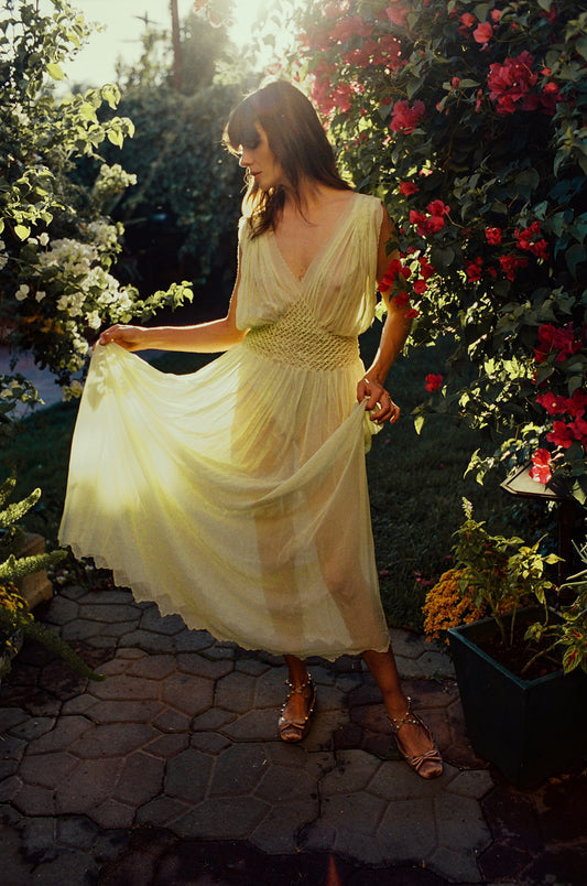 1930s Sage Green Silk Chiffon Smocking Dress