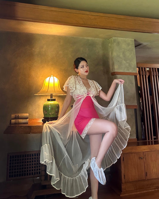 Vintage 1920s Fuschia Lace Chiffon Slip Dress