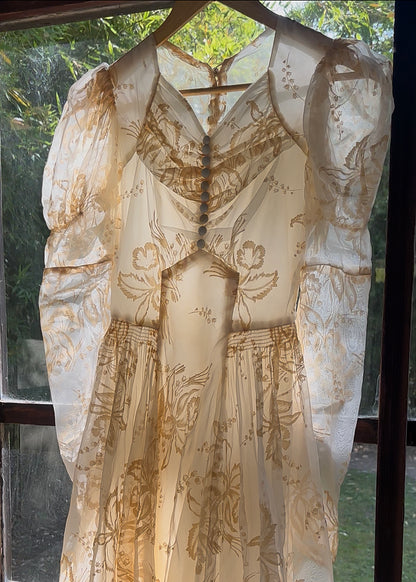 1920s Rare Lily Of The Valley and Peony Organza Wedding Dress