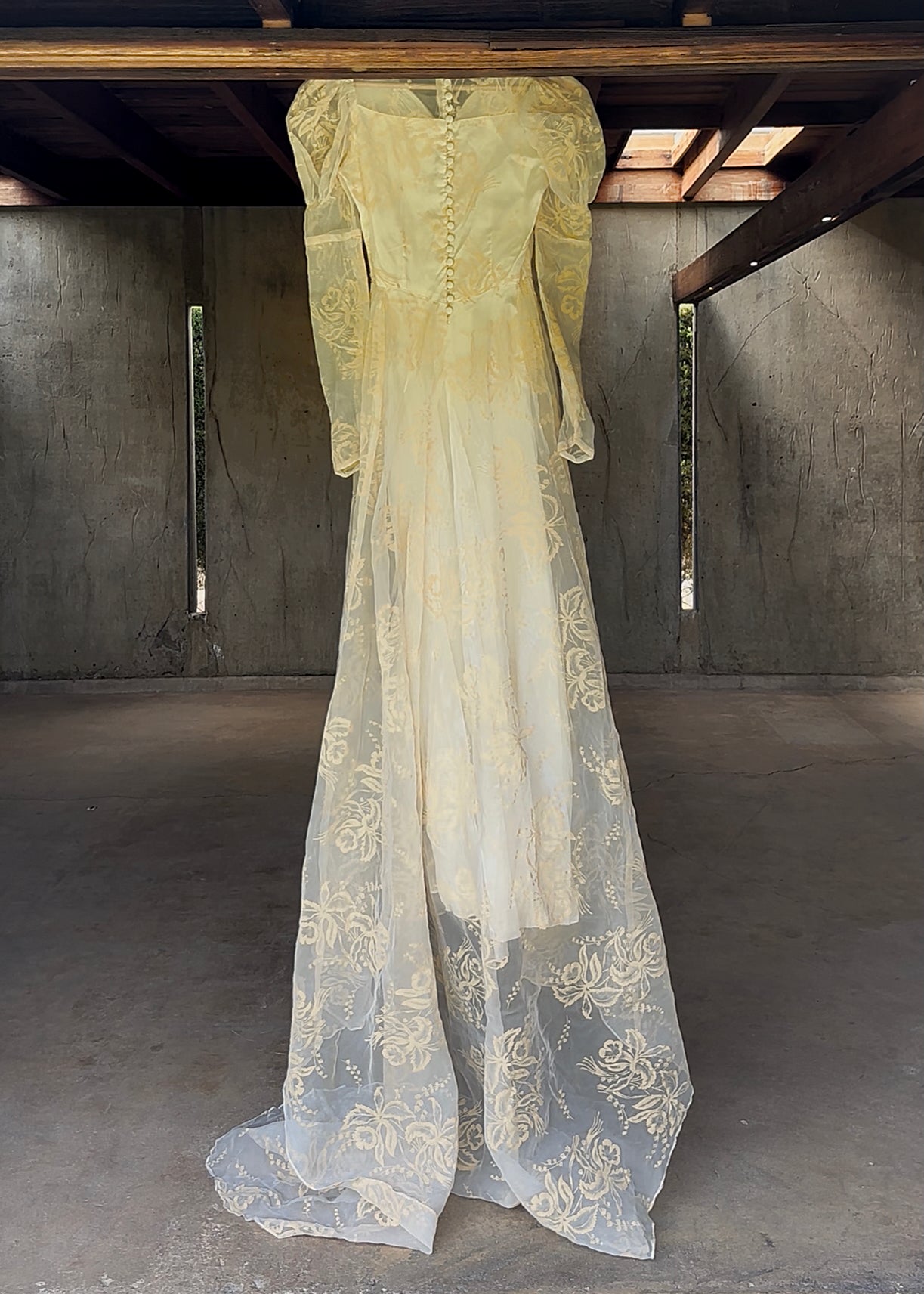 1920s Rare Lily Of The Valley and Peony Organza Wedding Dress