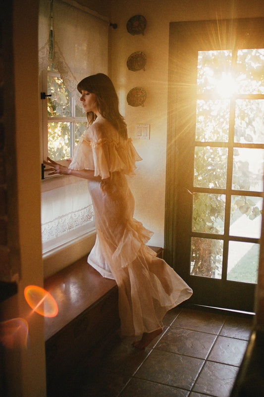 Rare 1930s Sheer Powder Peach Organza Ruffle Gown