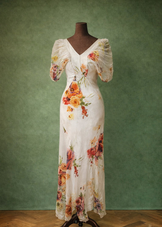 1920s Ivory Floral Maxi Dress With Puff Sleeves