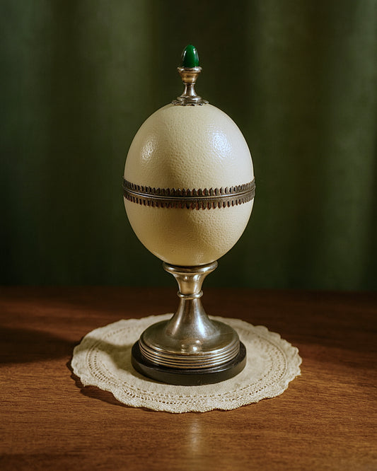 Rare 1970s Ostrich Egg Box With Malachite Finial Silver Plated