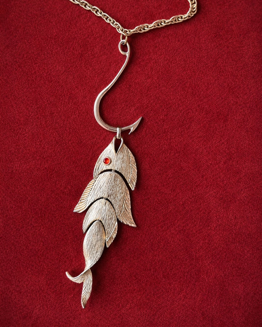 Vintage Silver Fish Hook Pendant Necklace With Red Eye Detail
