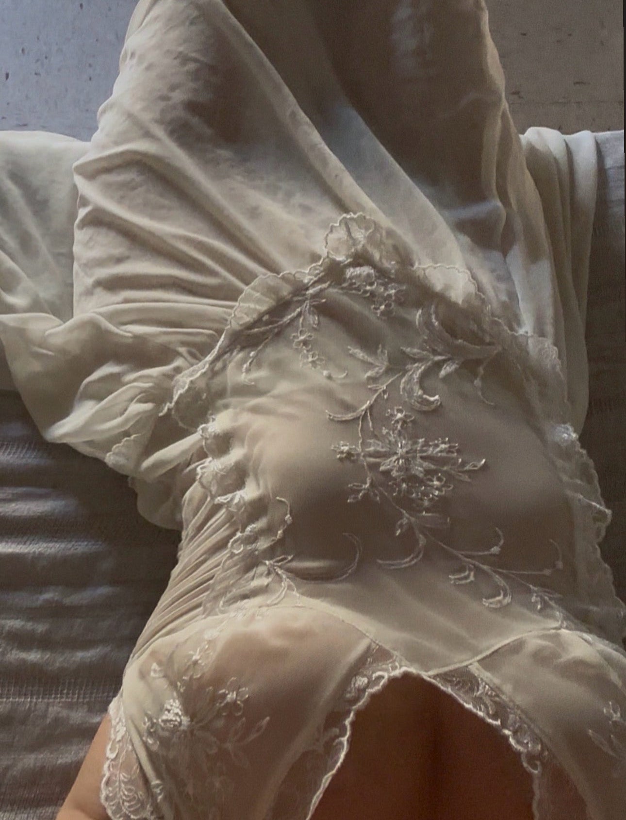 Vintage French Ivoiry Hand Embroidery Chiffon Dress