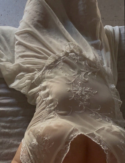 Vintage French Ivoiry Hand Embroidery Chiffon Dress
