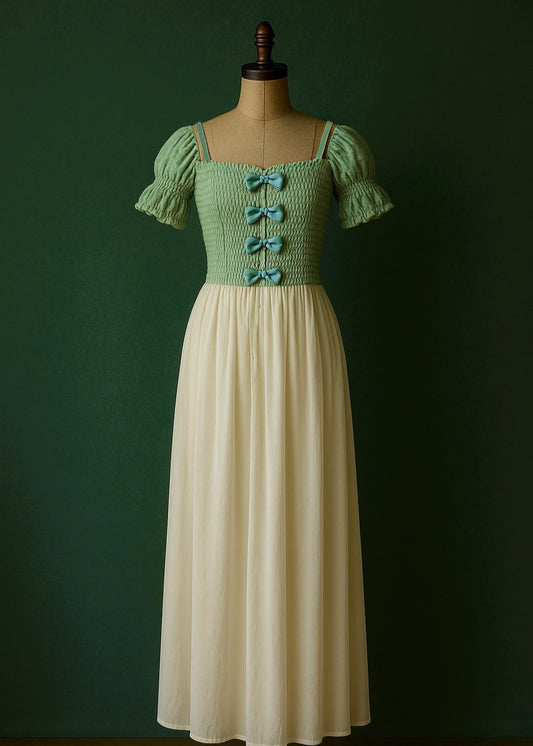 Vintage 1960s Smocked Bow Sage Cream Dress
