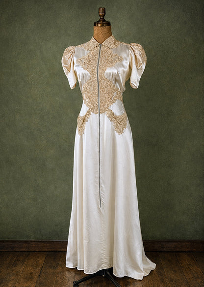 1930s Ivory Silk Satin Lace Appliqué Gown