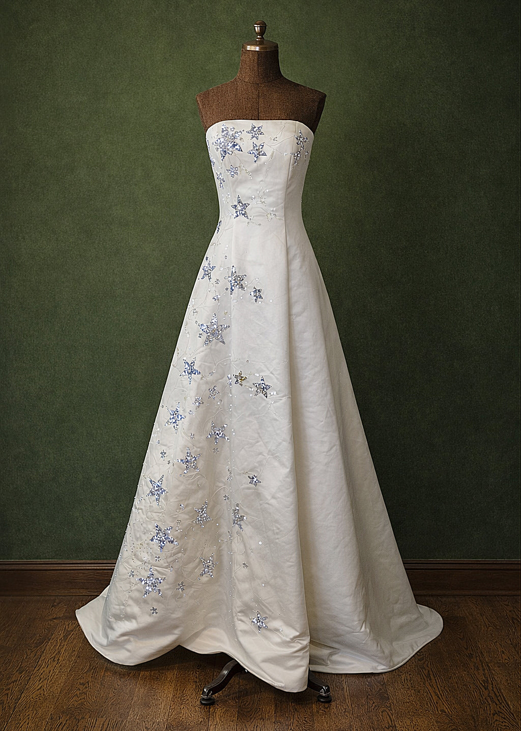 1980s Ivory Satin Embroidered Bridal Gown