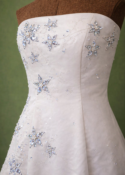 1980s Ivory Satin Embroidered Bridal Gown
