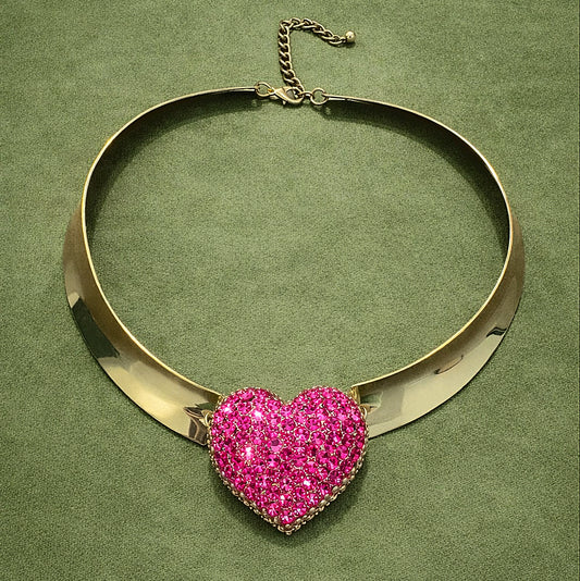 Vintage Gold-Tone Heart Rhinestone Collar Necklace
