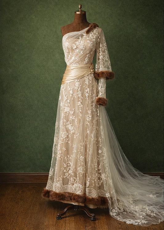 Early 20th-Century Ivory Lace Gown with Silk Sash and Sofi Fur Trim