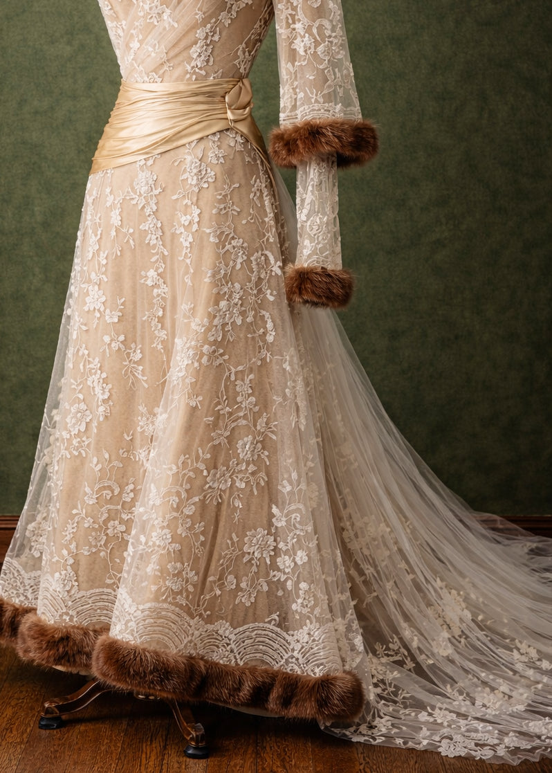 Early 20th-Century Ivory Lace Gown with Silk Sash and Sofi Fur Trim