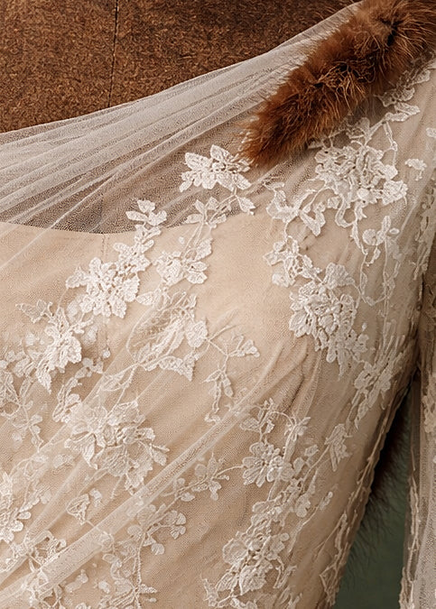 Early 20th-Century Ivory Lace Gown with Silk Sash and Sofi Fur Trim