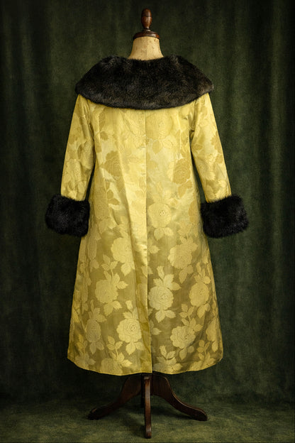 Vintage Silk Brocade Coat with Fur Trim