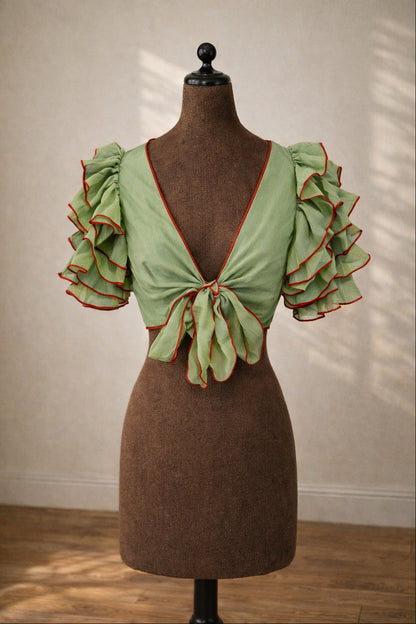 Vintage Sage Green Ruffled Tie-Front Blouse