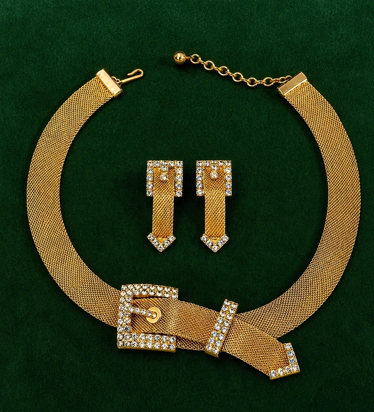 Vintage Gold Mesh Necklace Set with Rhinestone Buckle Detail