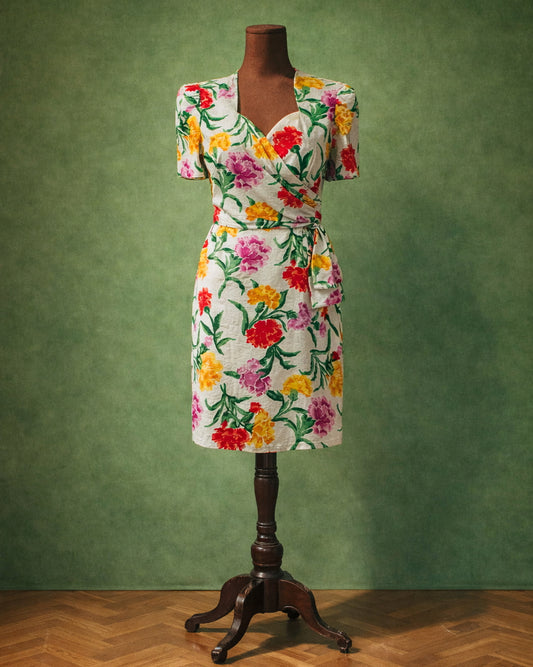 Vintage Floral Linen Wrap Dress With Short Sleeves