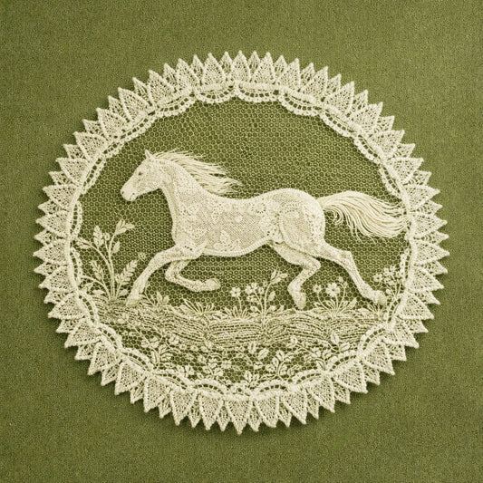 Vintage Handmade Oval Lace Panel With Running Horse Motif