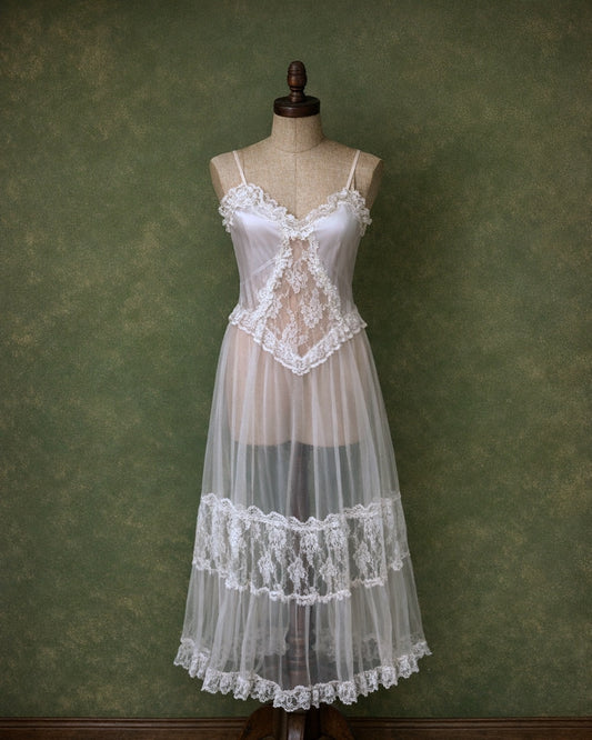 Vintage Ivory Lace And Sheer Tulle Midi Dress