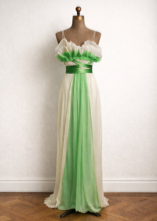 Vintage 1960s Ivory and Green Chiffon Gown