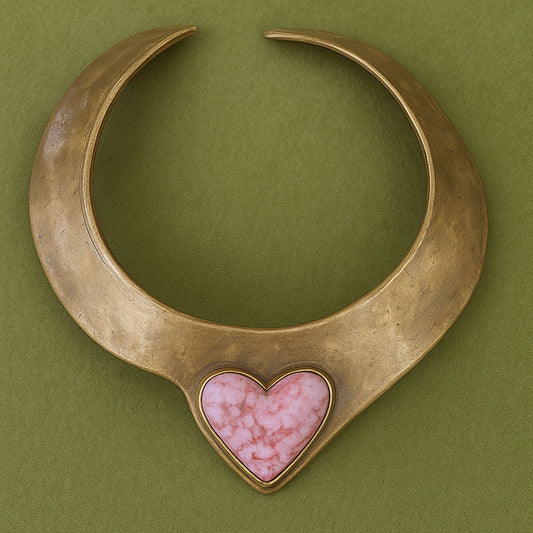 Vintage Aged Brass Collar Choker With Pink Heart Stone