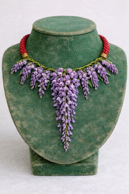Rare Vintage Wisteria With Red Beaded Necklace