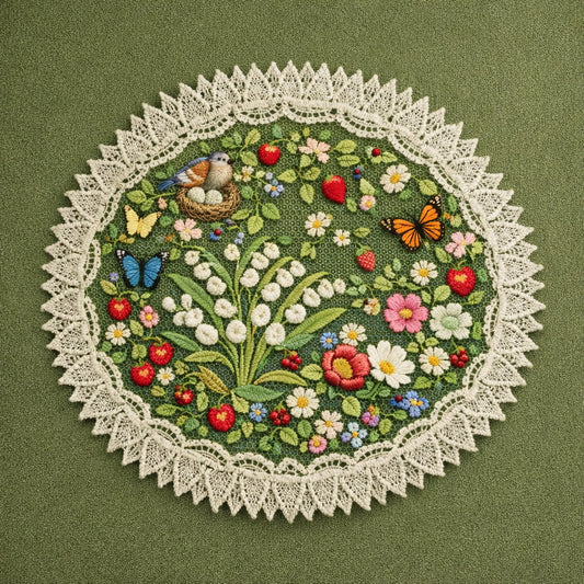 Vintage Hand-Embroidered Garden Motif Lace Doily