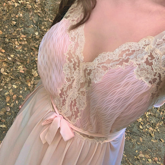 Vintage 1950s Apricot Lace Chiffon Pleated Sheer Dress