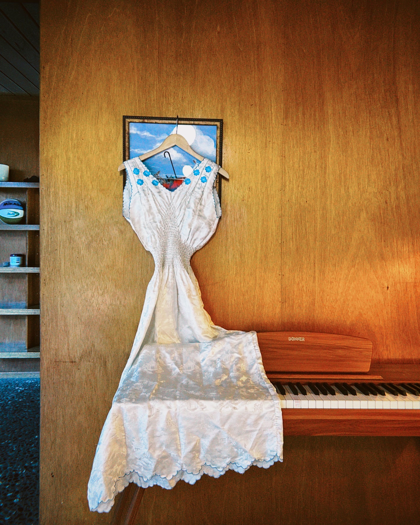 Vintage 1930s Silk Jacquard With Blue Floral Emrboidery Dress